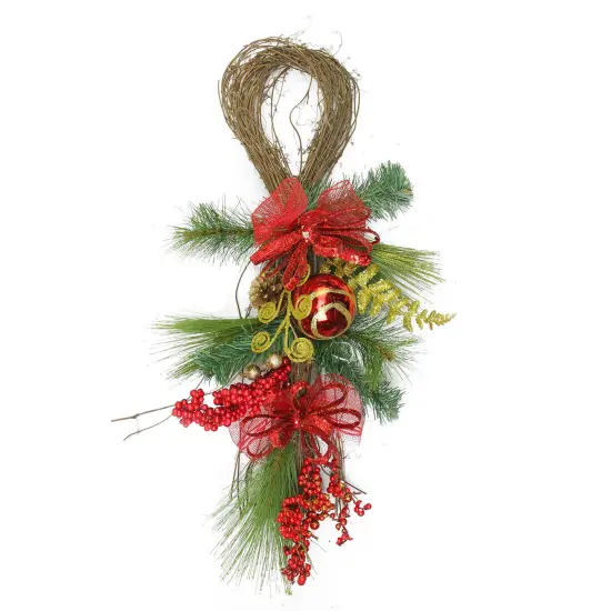 Northlight Bows, Berries and Ornaments Mixed Pine Artificial Christmas Teardrop Swag - 26" - Unlit Red {1}