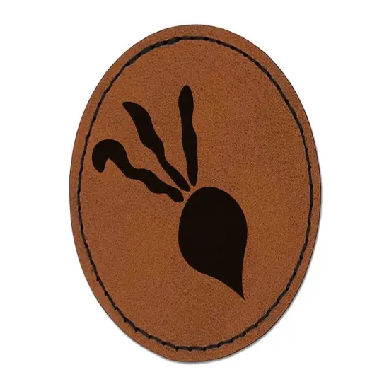 Radish Vegetable Vegetarian Doodle Round Iron-On Engraved Faux Leather Patch Applique - 2.5" Brown {1}