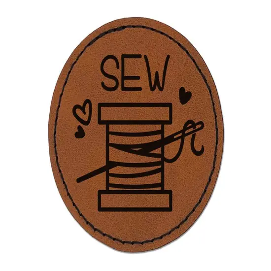 Spool of Thread Sew Sewing Round Iron-On Engraved Faux Leather Patch Applique - 2.5" Brown {1}