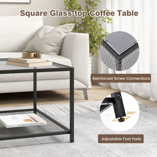 Costway Glass Coffee Table 27.5 Inch 2-Tier Square with Mesh Shelf Living Room Grey/Transparent {6}