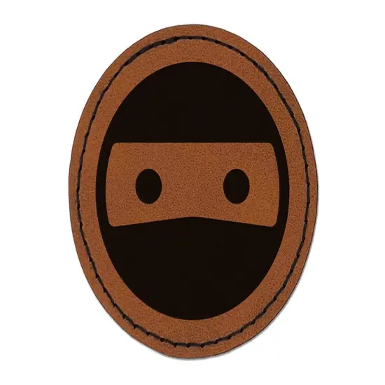 Masked Ninja Head Emoticon Round Iron-On Engraved Faux Leather Patch Applique - 2.5" Brown {1}