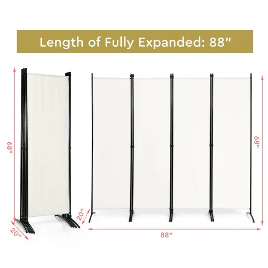 4-Panel Foldable Room Divider Privacy Screen with Steel Frame White {4}
