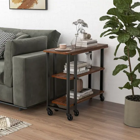 Rotating Sofa Side Table with Wheels Sliding Laptop Desk with Storage Shelves for Small Spaces Rustic Brown {5}