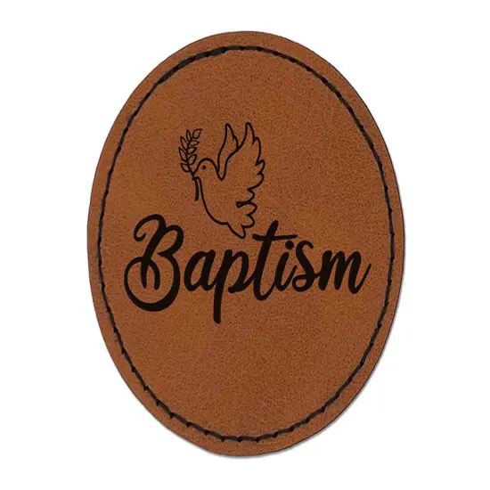 Baptism Dove Christening Round Iron-On Engraved Faux Leather Patch Applique - 2.5" Brown {1}