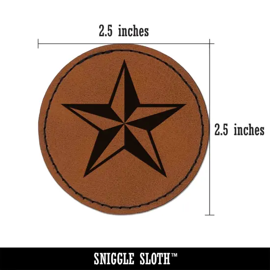 Nautical Star Round Iron-On Engraved Faux Leather Patch Applique - 2.5" Brown {2}