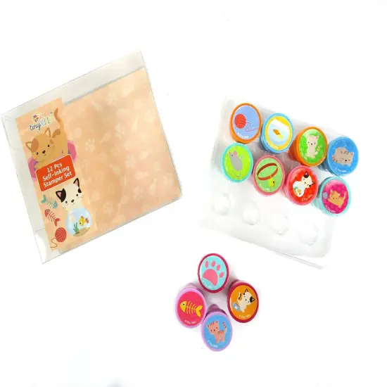 TINYMILLS 12 Pcs Cats Kittens Stamp Kit for Kids - Kitty Cat Self Inking Stamps Gift Party Favors {2}
