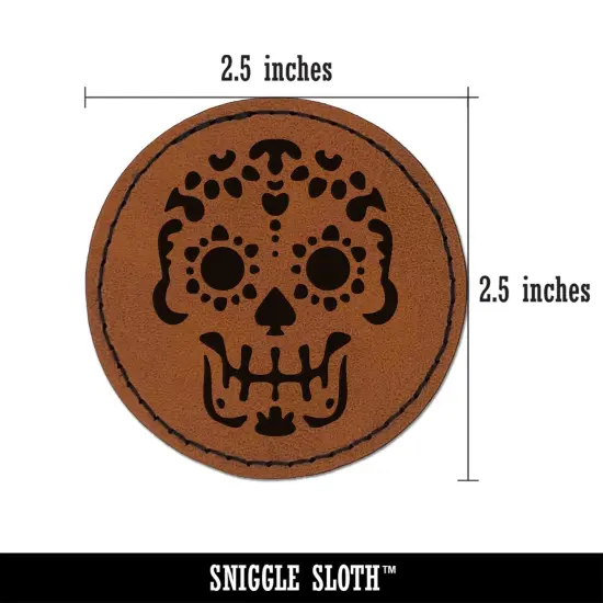 Mexican Day of the Dead Sugar Skull Skeleton Round Iron-On Engraved Faux Leather Patch Applique - 2.5" Brown {3}