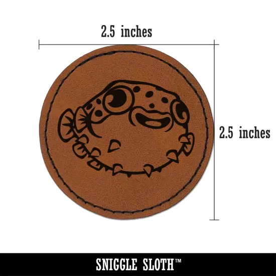 Happy Little Pufferfish Round Iron-On Engraved Faux Leather Patch Applique - 2.5" Brown {2}
