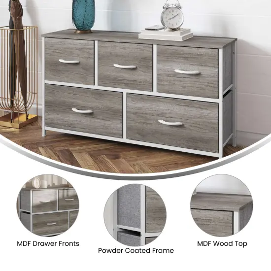 Emma and Oliver Marley 5 Drawer Storage Dresser with Cast Iron Frame, Wood Top, and Easy Pull Fabric Drawers with Wooden Handles LightNatDrawer/White {2}