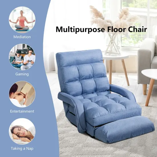 Multi-Position Adjustable Floor Armchair with Lumbar Pillow and Removable Cushion Blue {3}