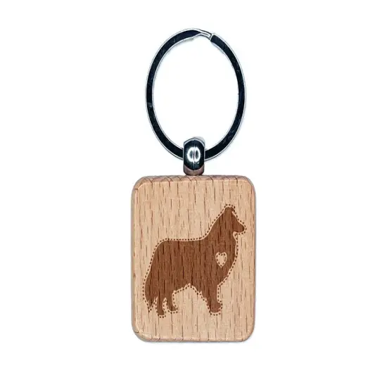 Rough Collie Dog with Heart Engraved Wood Square Keychain Tag Charm {1}