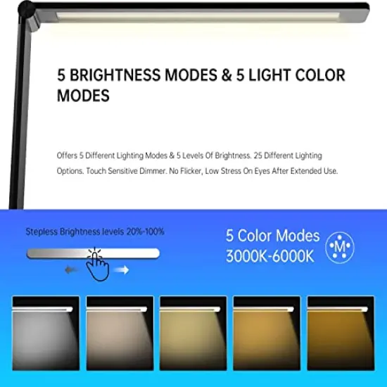 LED Desk Lamp with USB Charging Port, Dimmable Eye-Caring Reading Desk Light for Home, with 5 Brightness Level & 3 Lighting Modes, Touch Control, Auto Timer (Black) {4}