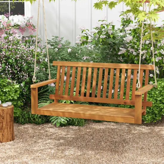 Costway 2-Seat Porch Swing Bench Acacia Wood Chair with 2 Hanging Hemp Ropes for Backyard {1}