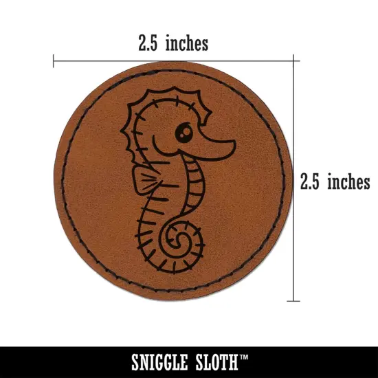 Kawaii Seahorse Round Iron-On Engraved Faux Leather Patch Applique - 2.5" Brown {3}