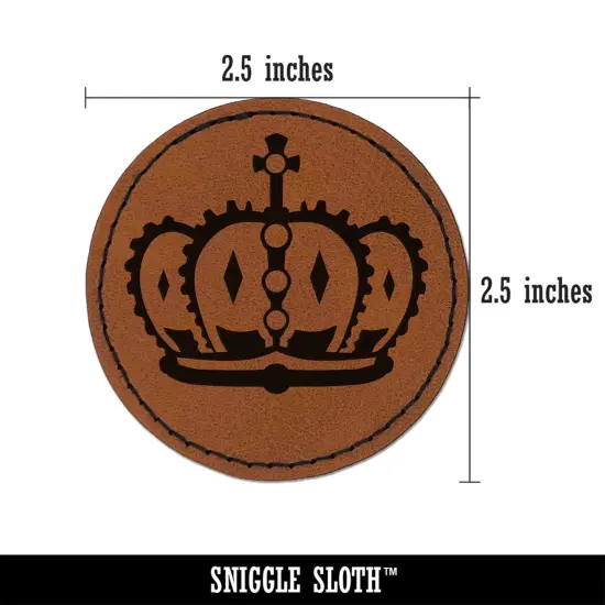 King Queen Royal Crown Round Iron-On Engraved Faux Leather Patch Applique - 2.5" Brown {3}
