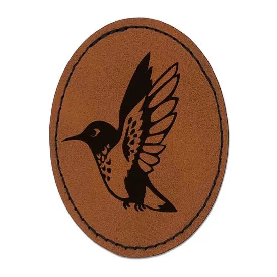 Hummingbird in Flight Round Iron-On Engraved Faux Leather Patch Applique - 2.5" Brown {1}