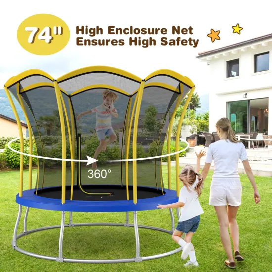 8 Feet Outdoor Unique Flower Shape Trampoline with Enclosure Net Yellow {4}