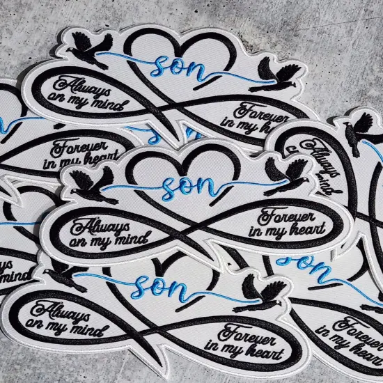 Memorial Infinity Collection: Patch Party Club, "SON" Eternal Remembrance 1-pc, Iron-On Embroidered Patch, Sz 6", Tribute Honoring Loved One {6}
