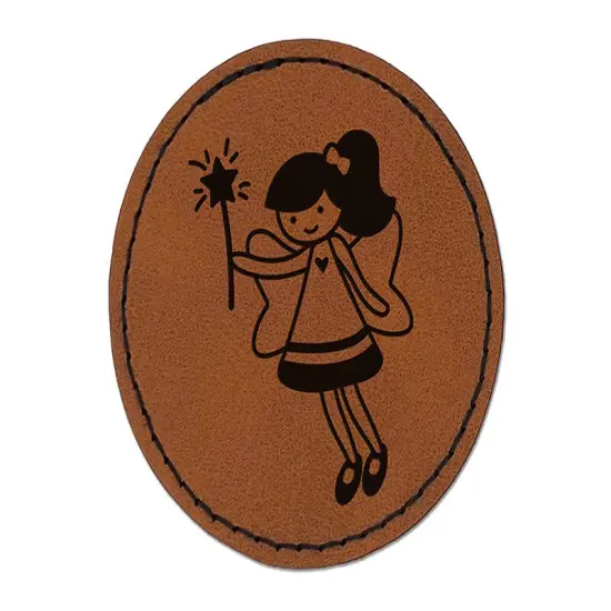 Sweet Fairy with Wand Round Iron-On Engraved Faux Leather Patch Applique - 2.5" Brown {1}