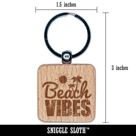 Beach Vibes with Sun and Waves Engraved Wood Square Keychain Tag Charm {2}