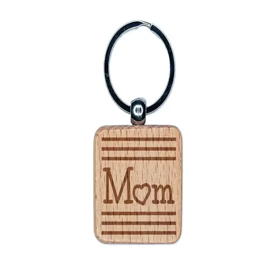 Mom Love Stripes Mother's Day Engraved Wood Square Keychain Tag Charm {1}