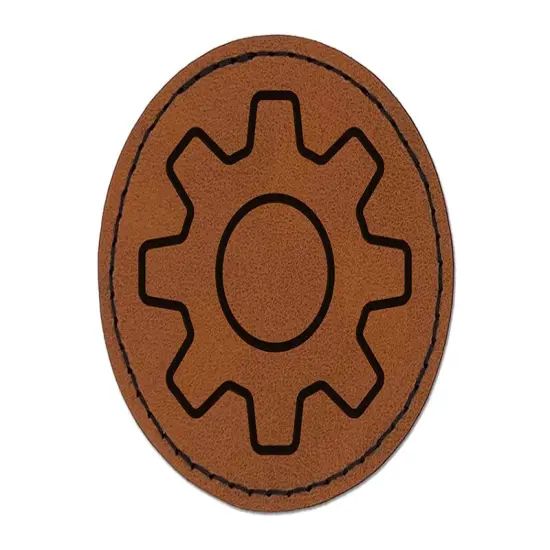 Gear Outline Round Iron-On Engraved Faux Leather Patch Applique - 2.5" Brown {1}