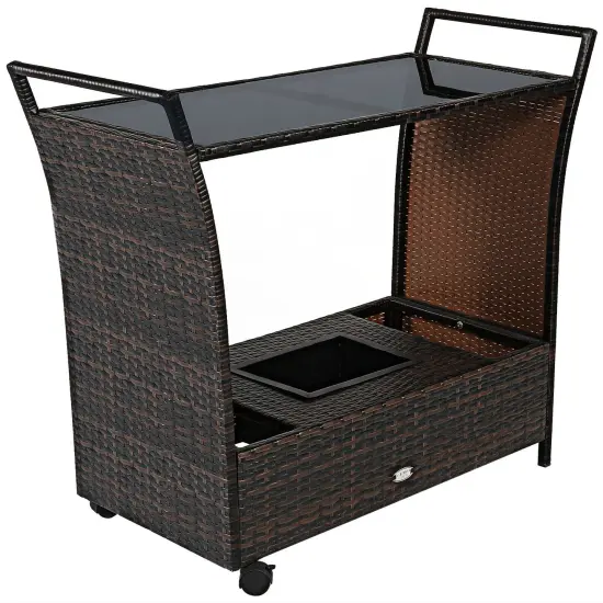 Patio Rattan Bar Serving Cart with Glass Top and Handle {1}