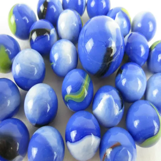 25 Glass Marbles BLUE DOLPHIN White/Green/Red Shooter Patch game marble lot {3}