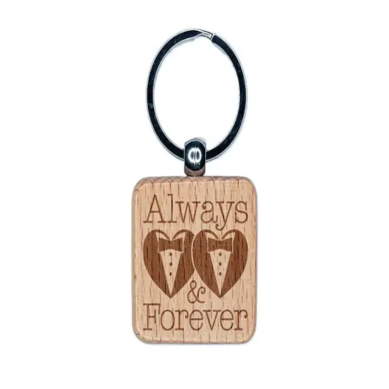 Mr and Mr Always and Forever Wedding Tuxedo Hearts Engraved Wood Square Keychain Tag Charm {1}