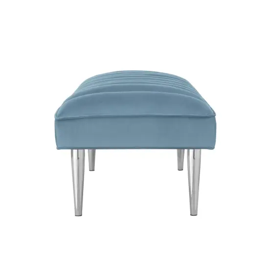 Denver Velvet Channel Tufted Bench with Mirrorred Lacquer Finish With Gold/Chrome Legs Blue/Chrome {4}