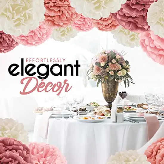 20 Piece Tissue Paper Pom Poms | Blush Pink, Dusty Rose, Mauve & Cream | Colorful Paper Flower Wall Decorations for Bridal Showers, Baby Showers, Weddings, Graduations, Tea Parties & More {6}