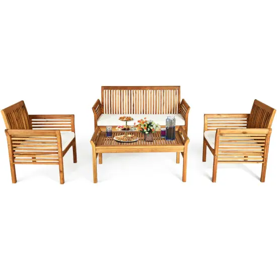 4 Pieces Natural Outdoor Acacia Wood Sofa Furniture Set {4}