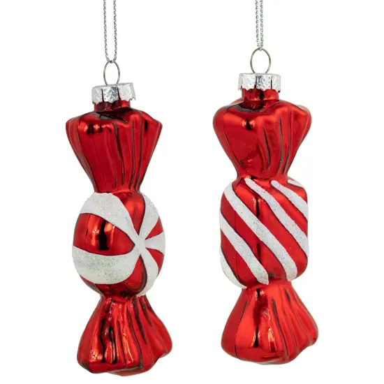 Northlight Set of 2 Shiny Red and White Glittered Candy Christmas Glass Ornaments 4" {4}