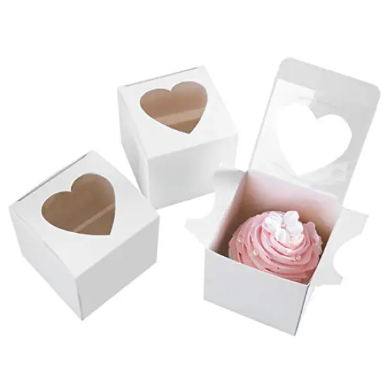 25 Pack 3" Mini Single Favor White Cupcake Boxes with Heart Shape Window without Handle,Small Cupcake Box Carrier Individual Containers 3X3X3inch {2}