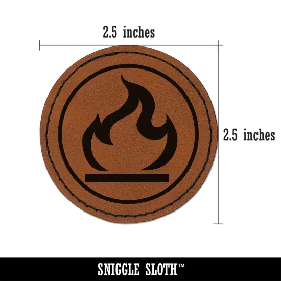 Flammable Fire Icon Round Iron-On Engraved Faux Leather Patch Applique - 2.5" Brown {3}