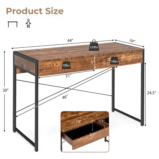 44 Inch Home Office Desk with 2 Separate Drawers and Steel Frame Rustic Brown {5}