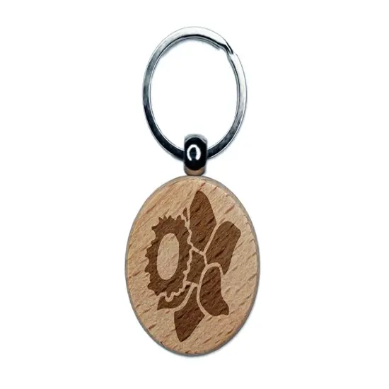 Daffodil Flower Engraved Wood Round Keychain Tag Charm {1}
