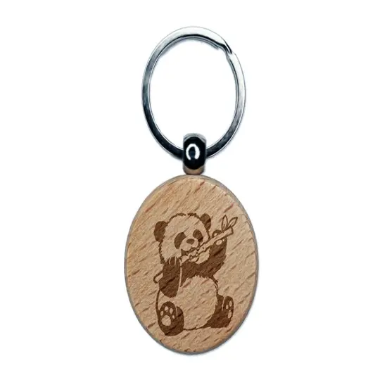 Baby Panda Bear Eating Bamboo Engraved Wood Round Keychain Tag Charm {1}