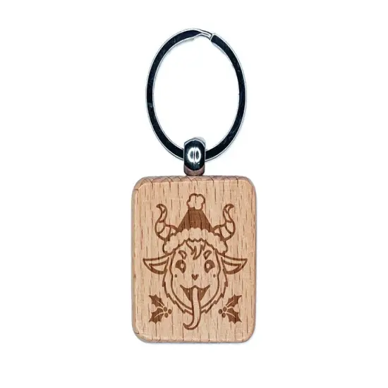Playful Naughty Krampus Santa Engraved Wood Square Keychain Tag Charm {1}