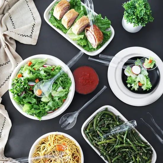 12 Pieces- Heavy Duty Disposable Plastic Serving Utensils, Four 10&rdquo; Spoons and Forks, Four 6-1/2&rdquo; Tongs,Clear {6}