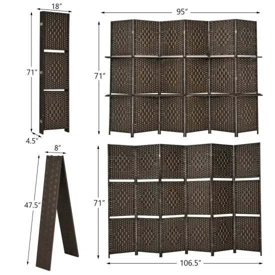 6 Panel Folding Weave Fiber Room Divider with 2 Display Shelves Brown {4}