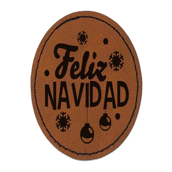 Feliz Navidad Spanish with Christmas Ornaments and Snowflakes Round Iron-On Engraved Faux Leather Patch Applique - 2.5" Brown {1}