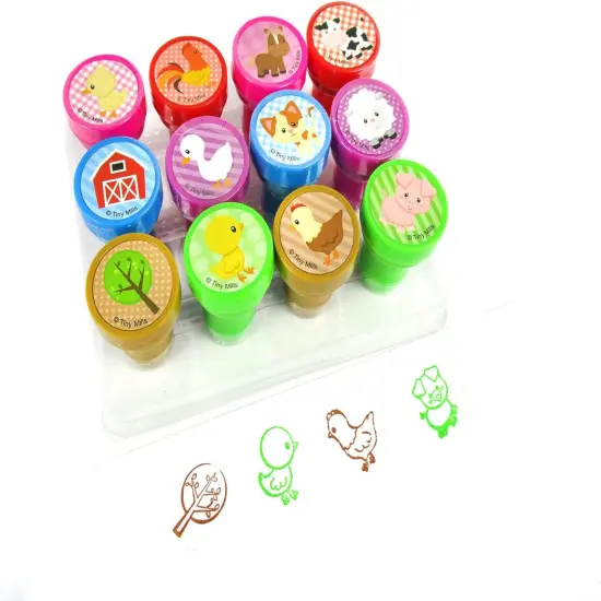 TINYMILLS 12 Pcs Farm Animals Stamp Kit for Kids - Farm Animals Barnyard Self Inking Stamps Gift Party Favors {2}