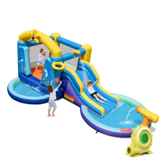 Inflatable Ocean-Themed Bounce House with 680W Blower and 2 Pools {2}