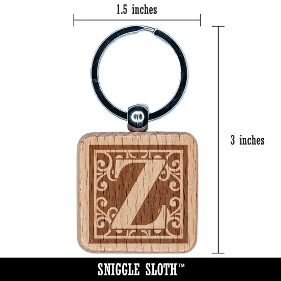 Monogram Swirls Capital Letter Z Engraved Wood Square Keychain Tag Charm {2}