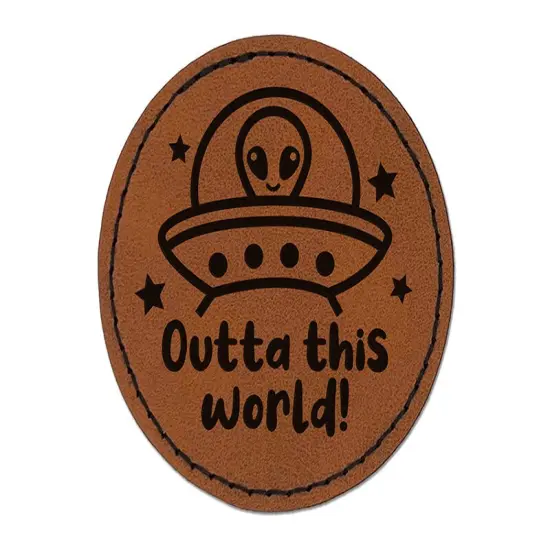 Outta Out of This World Alien Spaceship Round Iron-On Engraved Faux Leather Patch Applique - 2.5" Brown {1}