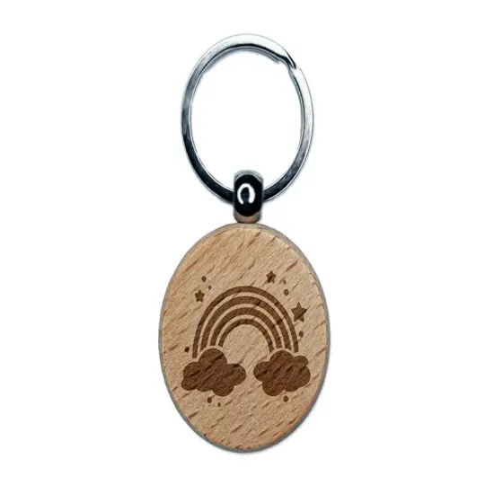 Sweet Adorable Magical Rainbow Engraved Wood Round Keychain Tag Charm {1}