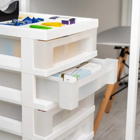 5-Drawer Storage Cart with Organizer Top, White/Pearl {4}