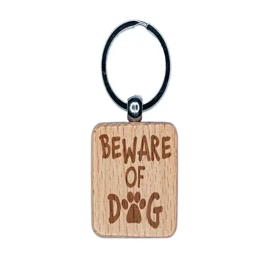 Beware of Dog Paw Print Fun Text Engraved Wood Square Keychain Tag Charm {1}
