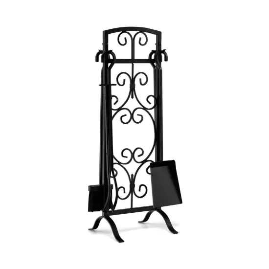 5 Piece Wrought Iron Fireplace Tools with Decor Holder-Black {1}